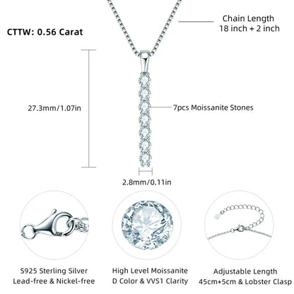 Anziw 2.8mm 0.56ctw. Moissanite Pendant Necklace for Women 925 Silver Adjustable Chain 7-stone Bar Necklaces Trend Jewelry Gifts