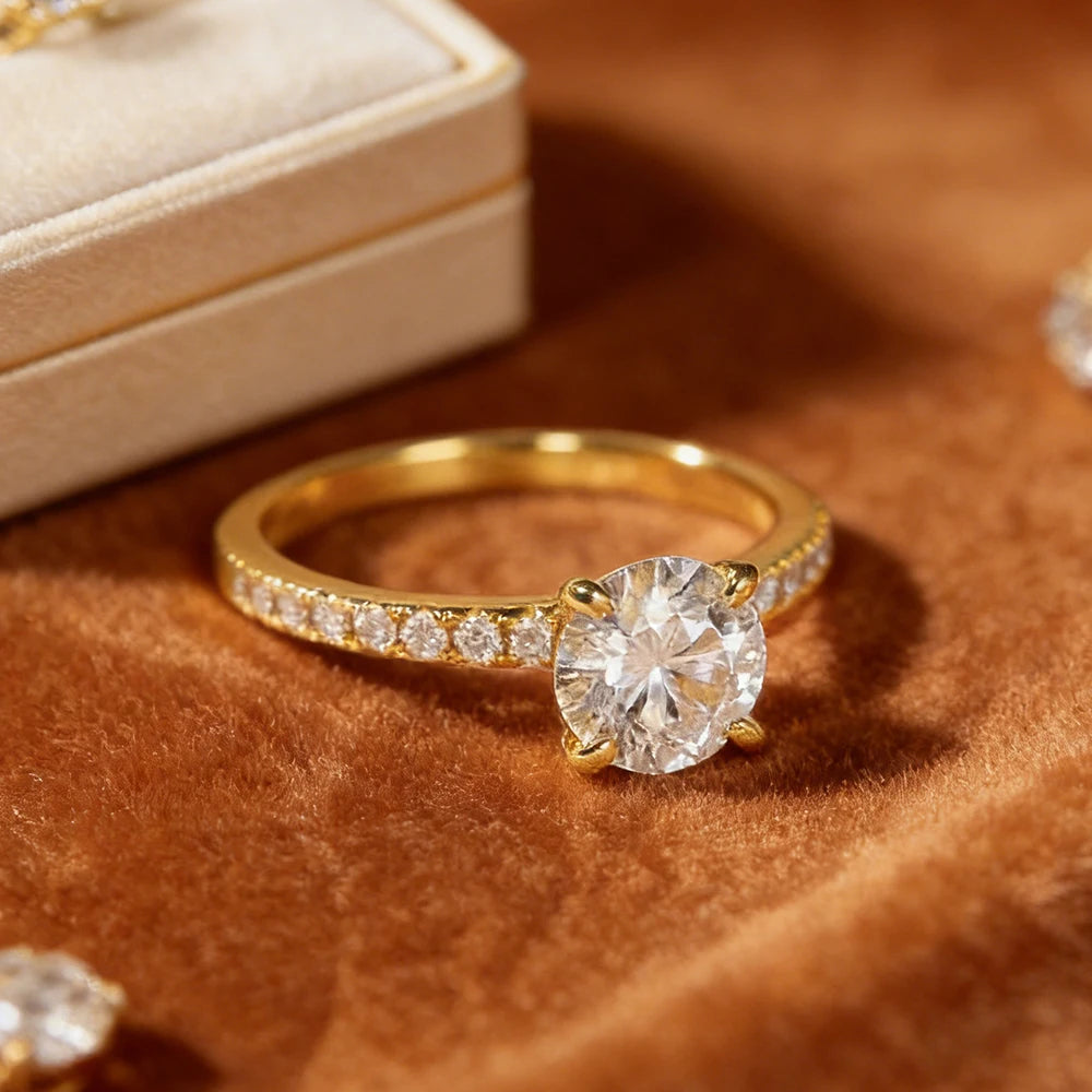 Anziw 14k Gold Filled Engagement Wedding Ring 2 Carat 8mm Round Moissanite Solitaire Promise Band for Women with GRA Certificate
