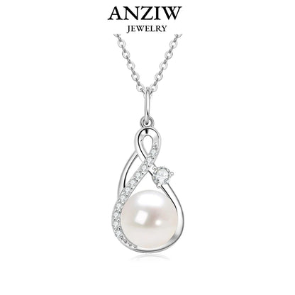 Anziw 10mm Freshwater/Tahitian Black Pearl Moissanite Infinity Pendant Necklace Silver 925 Wedding Jewelry for Women Gift 45+5cm