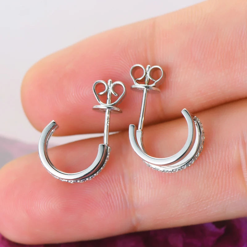 Anziw NEW 4mm Moissanite Piercing Stud Ear Cuffs 925 Sterling Silver Double Side Hoop Earrings for Women Illusion Jewelry Gifts