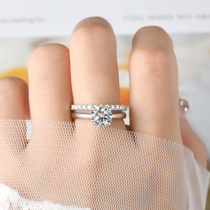 ANZIW 8mm 2.0ct Moissanite Wedding Ring Set Solitaire Diamond Engagement Ring Band for Women Full Eternity Band Girls 925 Silver