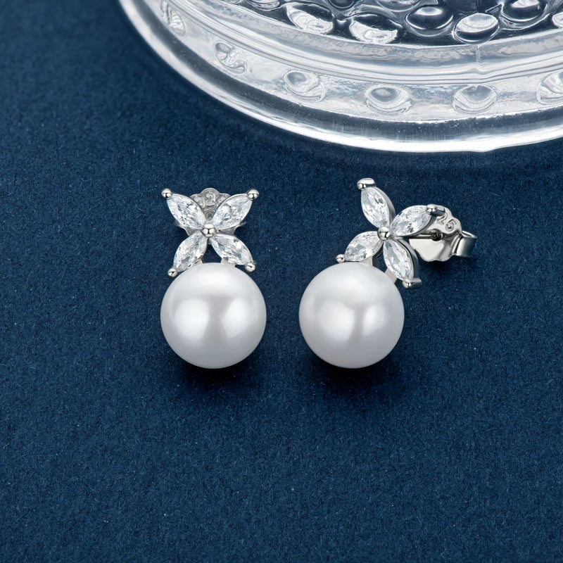 ANZIW Original 925 Sterling Silver Four-leaf Clover Cubic Zircon With 8mm Bread Bead Pearl Stud Earrings for Women Girls Gift