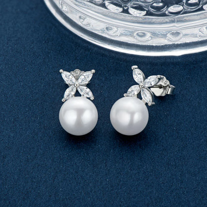 ANZIW Original 925 Sterling Silver Four-leaf Clover Cubic Zircon With 8mm Bread Bead Pearl Stud Earrings for Women Girls Gift