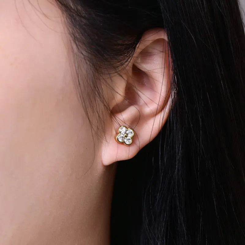 Anziw GRA Certified 3mm D Moissanite Diamond Stud Earrings for Women 14k Gold Filled Earrings Lucky Clover Flower Jewelry Gifts