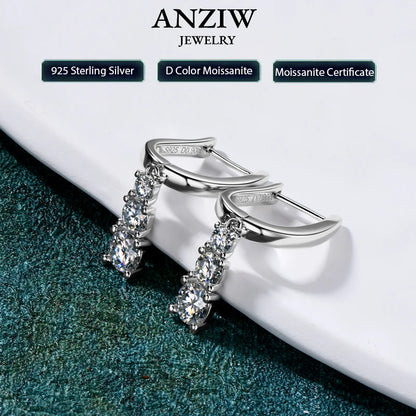 Anziw Three Stone Trilogy Clip Earrings 925 Sterling Silver 1.8CTW. Moissanite Pendant Earrings for Women Wedding Jewelry Gifts
