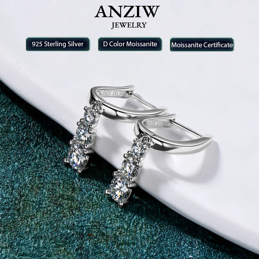 Anziw Three Stone Trilogy Clip Earrings 925 Sterling Silver 1.8CTW. Moissanite Pendant Earrings for Women Wedding Jewelry Gifts