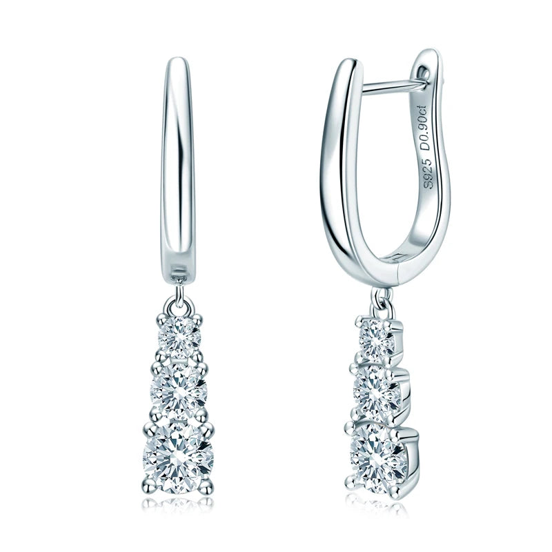 Anziw Three Stone Trilogy Clip Earrings 925 Sterling Silver 1.8CTW. Moissanite Pendant Earrings for Women Wedding Jewelry Gifts