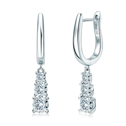 Anziw Three Stone Trilogy Clip Earrings 925 Sterling Silver 1.8CTW. Moissanite Pendant Earrings for Women Wedding Jewelry Gifts