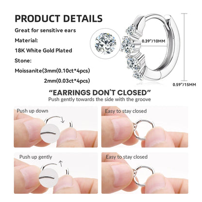 Anziw 925 Sterling Silver 4 Stones Moissanite Irregular  Hoops Huggie Earrings for Women 3mm&2mm Round Cut Lad Diamond Jewelry