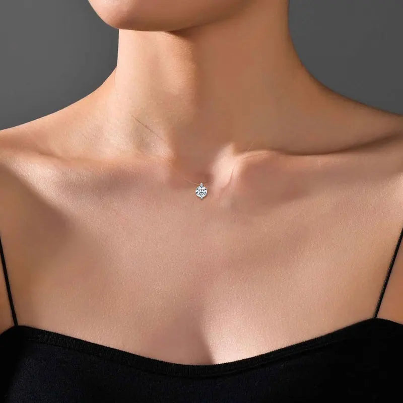 Anziw 2ct 1ct 0.5ct D Moissanite Pendant Necklaces for Women 925 Silver Adjustable Invisible Fish Line Chain Choker Gift 6.5-8mm