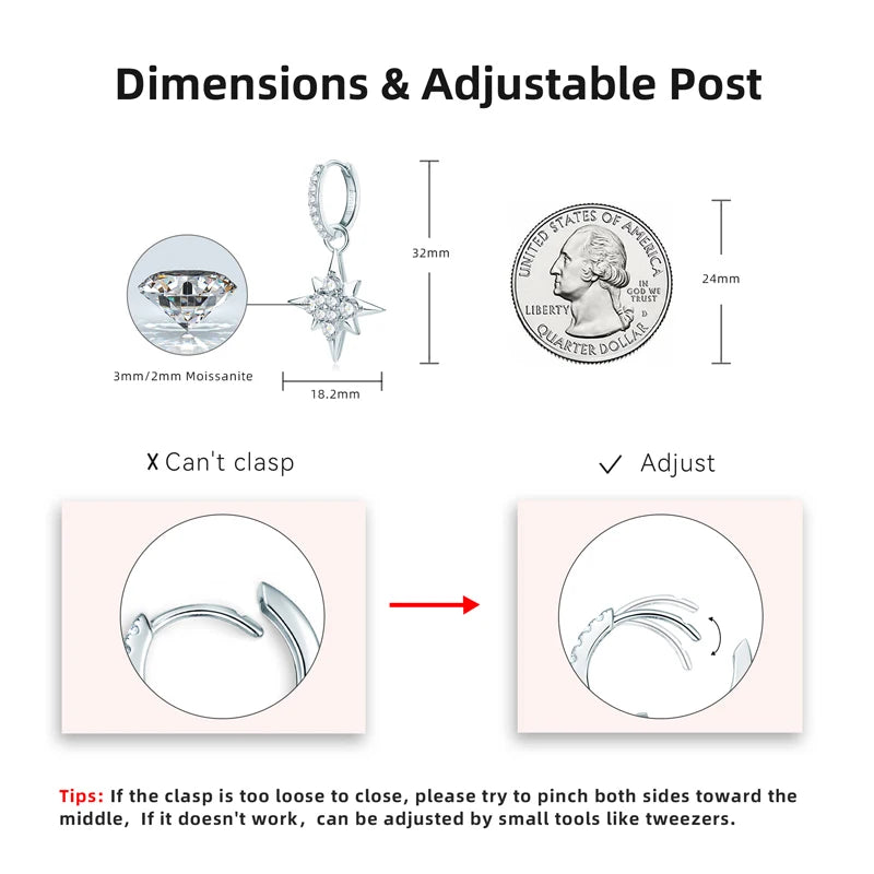 Anziw 100% 925 Silver Jewelry Charm Guide Star Drop Earrings Moissanite Piercing Hoop Earrings for Women with GRA Certificate