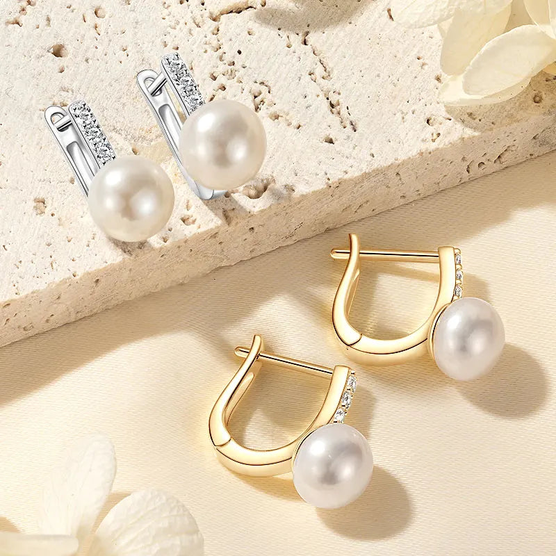 Anziw Genuine 925 Sterling Silver Earrings 8-8.5mm Cultured Freshwater Pearl Hoop Huggie Earrings Wedding Jewelry for Women Gift