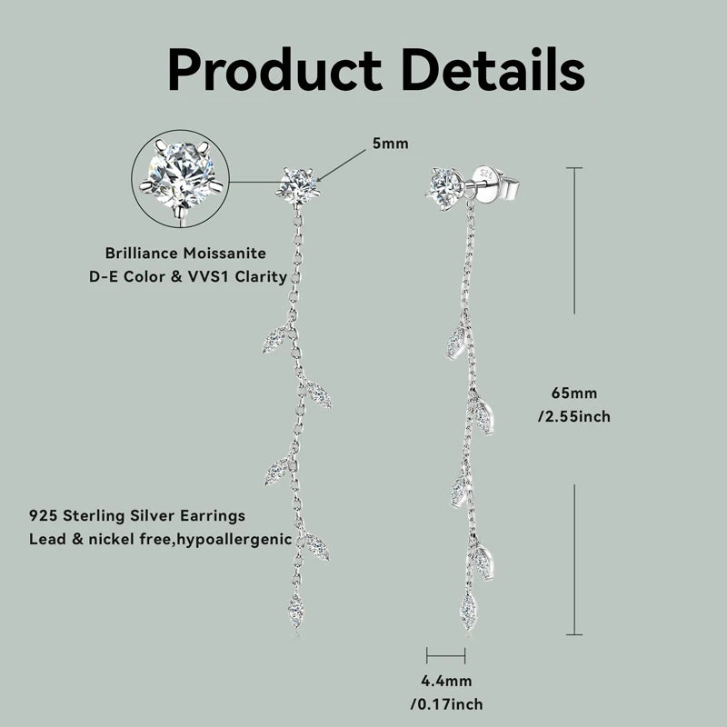 Anziw Leaf Dangle Long Drop Earrings Silver 925 for Women Real Moissanite Chandelier Earrings Wedding Jewelry Korean Accessories