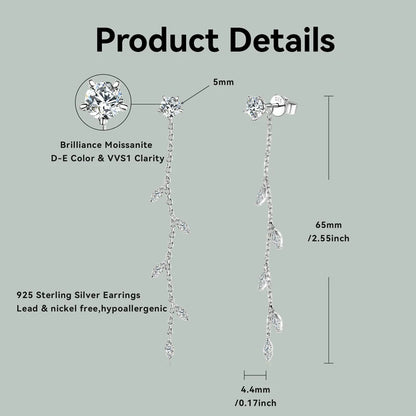 Anziw Leaf Dangle Long Drop Earrings Silver 925 for Women Real Moissanite Chandelier Earrings Wedding Jewelry Korean Accessories
