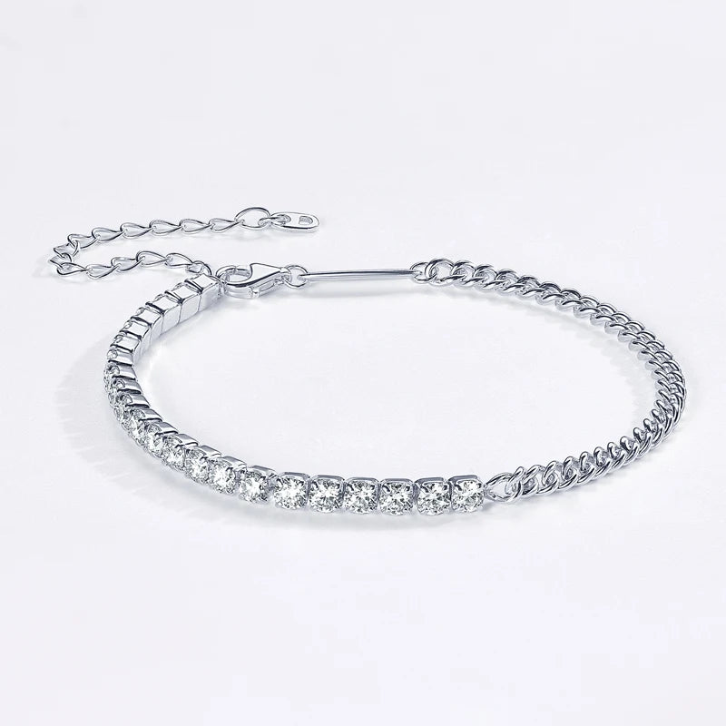 18k Gold Plated Half Tennis Bracelet 2mm 3mm D Moissanite Cuban Bracelet Real 925 Silver Chain for Women Men Certified Jewelry