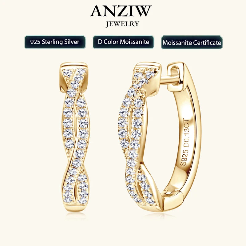Anziw Infinity Eternity Earrings 925 Sterling Silver 1mm Moissanite Twisted Hoop Earrings for Women 2024 Jewelry New Trendy Gift