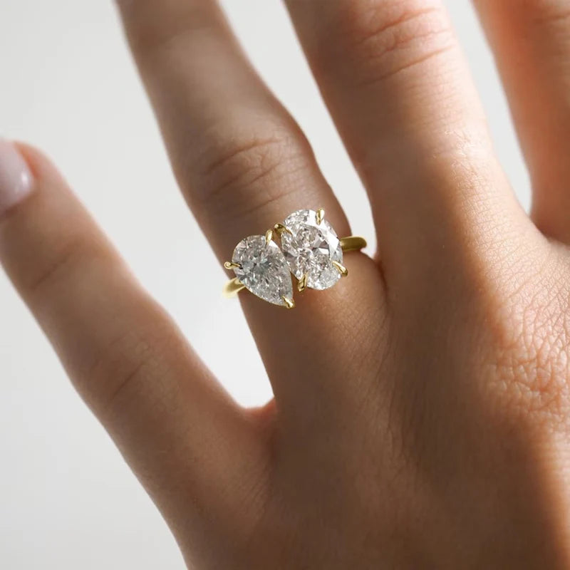 Anziw 7x9mm Oval Pear Cut Cubic Zirconia Engagement Wedding Finger Rings for Women 14K Gold Filled Band Valentine's Jewelry Gift