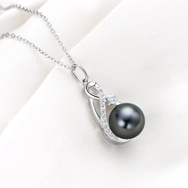 Anziw 10mm Freshwater/Tahitian Black Pearl Moissanite Infinity Pendant Necklace Silver 925 Wedding Jewelry for Women Gift 45+5cm