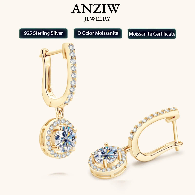 Anziw 2023 Women Hoops 925 Silver Gold Drop Earrings Dangle 1CT Real Moissanite Earring Original Certified Wedding Jewelry Gifts