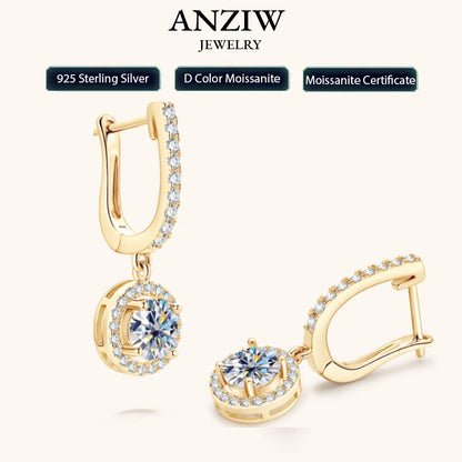 Anziw 2023 Women Hoops 925 Silver Gold Drop Earrings Dangle 1CT Real Moissanite Earring Original Certified Wedding Jewelry Gifts