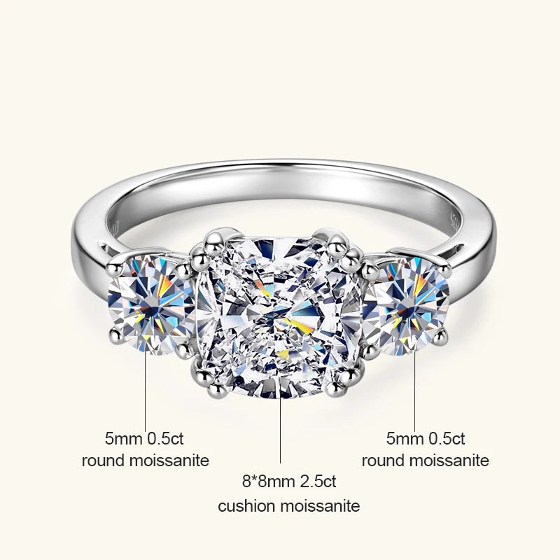 Anziw 3.5CTTW. Cushion & Round Moissanite Ring 925 Silver 3 Stone Engagement Wedding Promise Rings For Women Finger Jewelry D-E