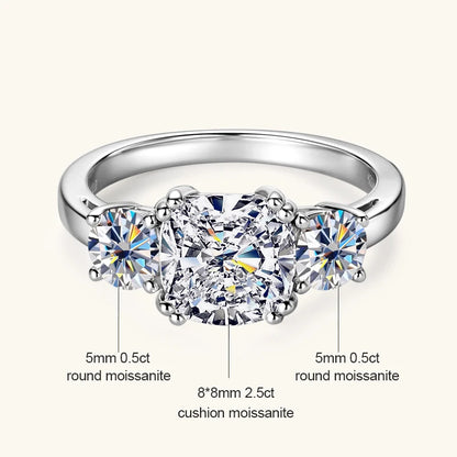 Anziw 3.5CTTW. Cushion & Round Moissanite Ring 925 Silver 3 Stone Engagement Wedding Promise Rings For Women Finger Jewelry D-E