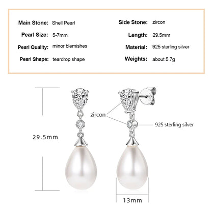 Anziw Elegant 925 Sterling Silver Earrings 13mm White Shell Pearl Drop Stud Earrings Engagement Wedding Fine Jewelry for Women
