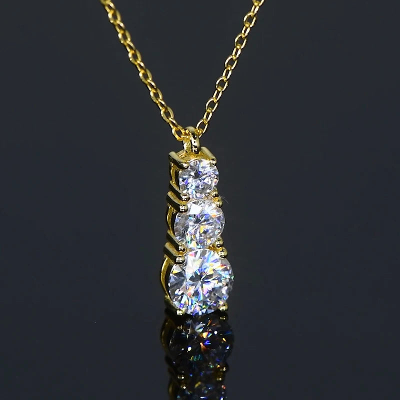 Anziw 925 Silver Necklace 1.80CTW.3 Stones D Color Round Moissanite Pendant Necklace for Women Certified Jewelry 18K Gold Plated