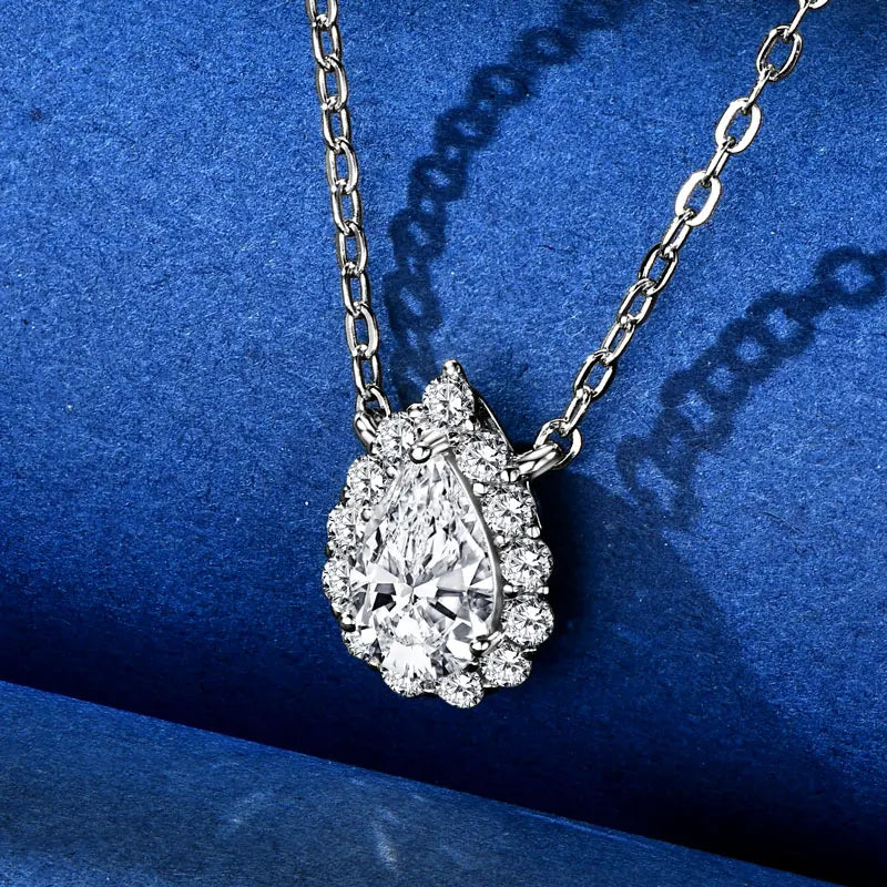 S925 Teardrop Necklace 1.0CT Pear Cut D Moissanite Pendant Necklaces for Women 925 Silver Adjustable Chain Certified Jewelry