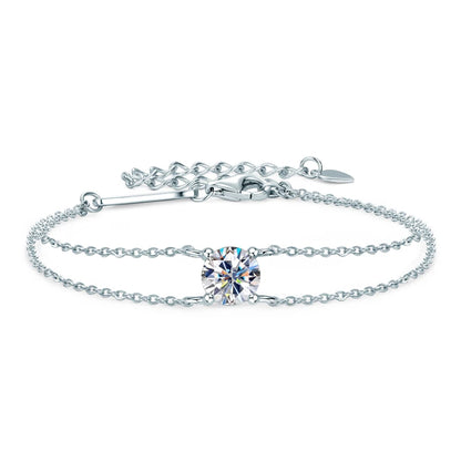 Anziw S925 1ct 6.5mm D Round Moissanite Bracelet for Women Classic Double Chain 925 Silver Bracelet Adjustable Hand Jewelry Gift