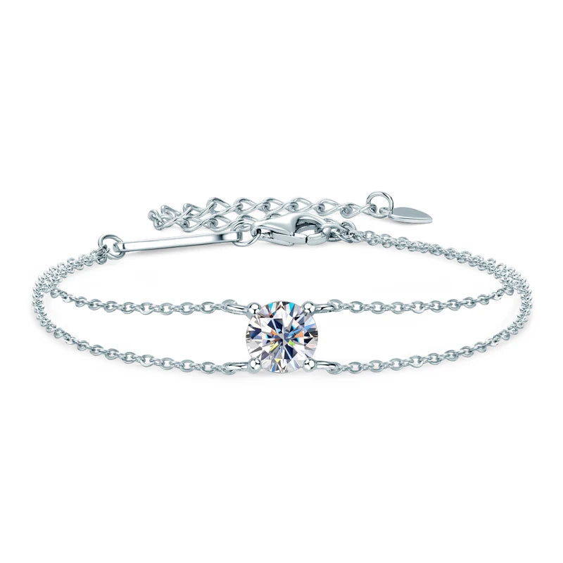 Anziw Real 925 Silver Double Chain Bracelet 6.5mm 1.0ct D Color Moissanite Bracelets With GRA Certificate Jewelry for Women Gift