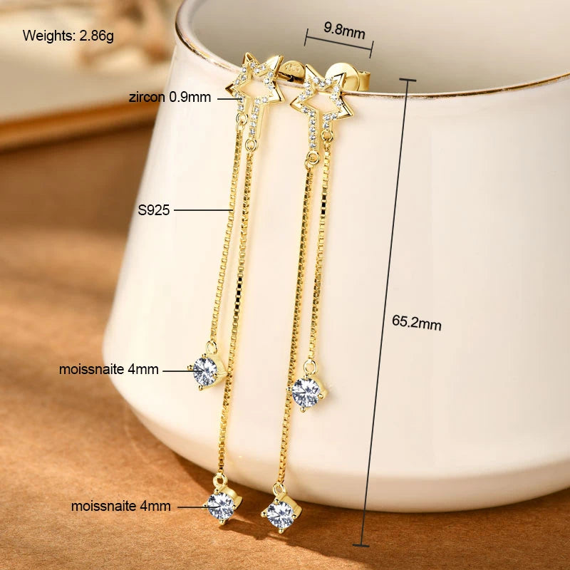 Anziw 925 Moissanite Star Tassel Drop Dangle Earrings for Women Real S925 Silver Studs Earrings Certified Fine Jewelry Gift Girl
