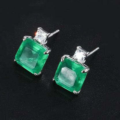 Vintage Simulated Emerald Square Stud Earrings 10*10mm Gemstone Pendant Necklace Silver 925 Plated Copper Women's  Jewelry Gift