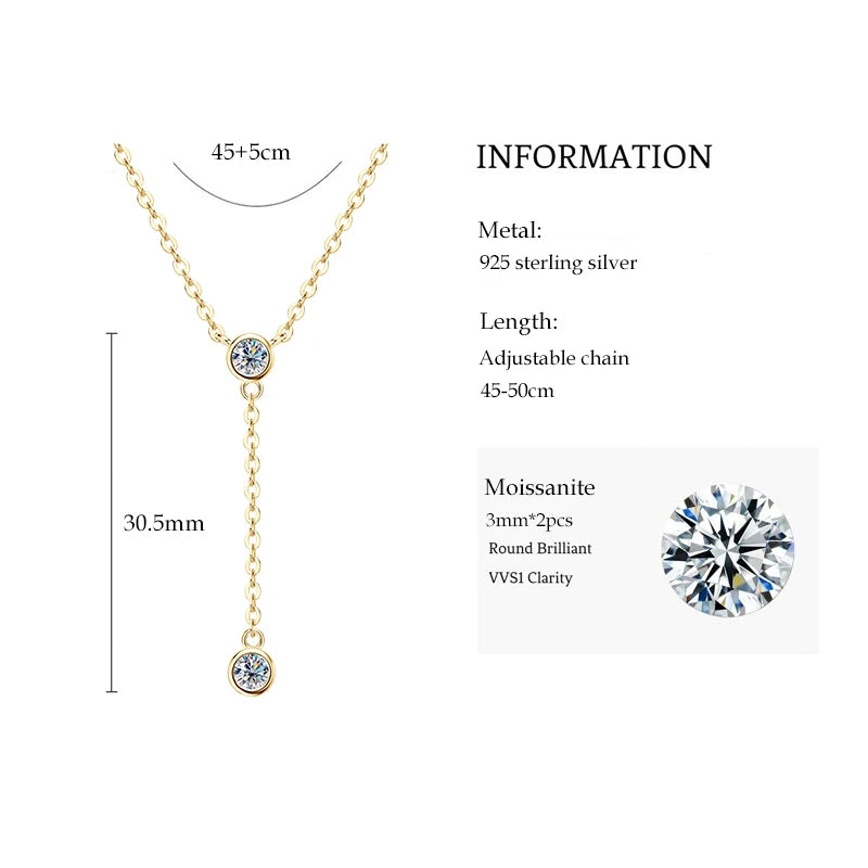 Anziw 3mm D Color Moissanite Y Shape Long Pendant Necklace for Women Adjustable Chain 100% 925 Silver Jewelry Trendy 2025 Gifts