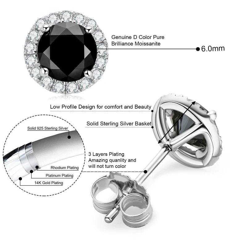 Anziw Vintage 0.8CT Black Moissanite Stud Earrings Silver 925 Jewelry for Women Men Halo Piercing Ear Earring Trending Products