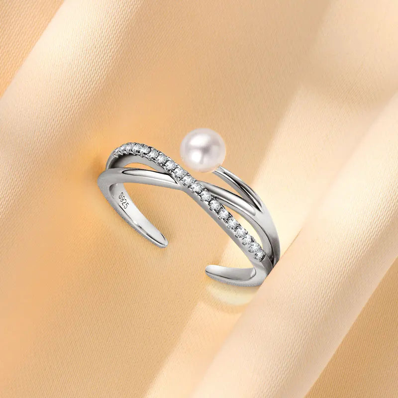 ANZIW s925 4-4.5mm Natural Freshwater Pearl Cross Rings for Women 925 Sterling Silver Trendy Opening Bands Ring Finger Jewelry