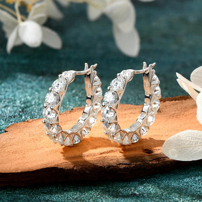 Anziw Luxury Hoops Sparking Full 3mm/4mm Moissanite Earrings Solid Silver 925 for Women Huggie Wedding Engagement Jewelry Gifts