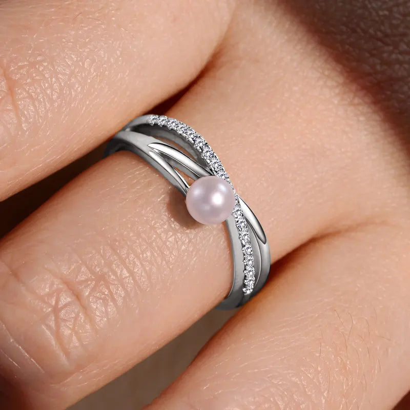 ANZIW s925 4-4.5mm Natural Freshwater Pearl Cross Rings for Women 925 Sterling Silver Trendy Opening Bands Ring Finger Jewelry