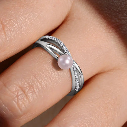 ANZIW s925 4-4.5mm Natural Freshwater Pearl Cross Rings for Women 925 Sterling Silver Trendy Opening Bands Ring Finger Jewelry
