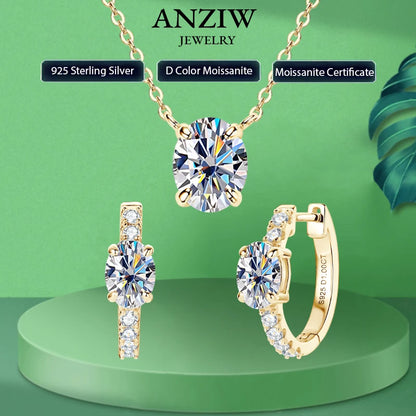 4.0cttw Oval Cut D Moissanite Jewelry Set Real 925 Silver Pendant Necklace and Luxury Hoop Earrings Sets for Women Trendy Gift