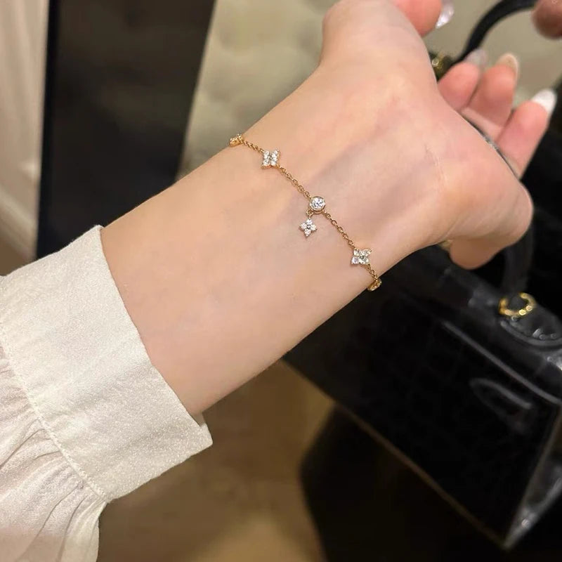 Anziw Silver 925 Four Leaf Clover Bracelet Certified D Color Moissanite Bracelets Gold Plated Charm for Women Lucky Jewelry Gift