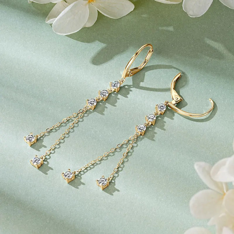 Anziw 6cm Long Tassel 3mm D Moissanite Drop Earrings for Women 925 Sterling Silver Hoop Clip Earrings Wedding Fine Jewelry Gifts