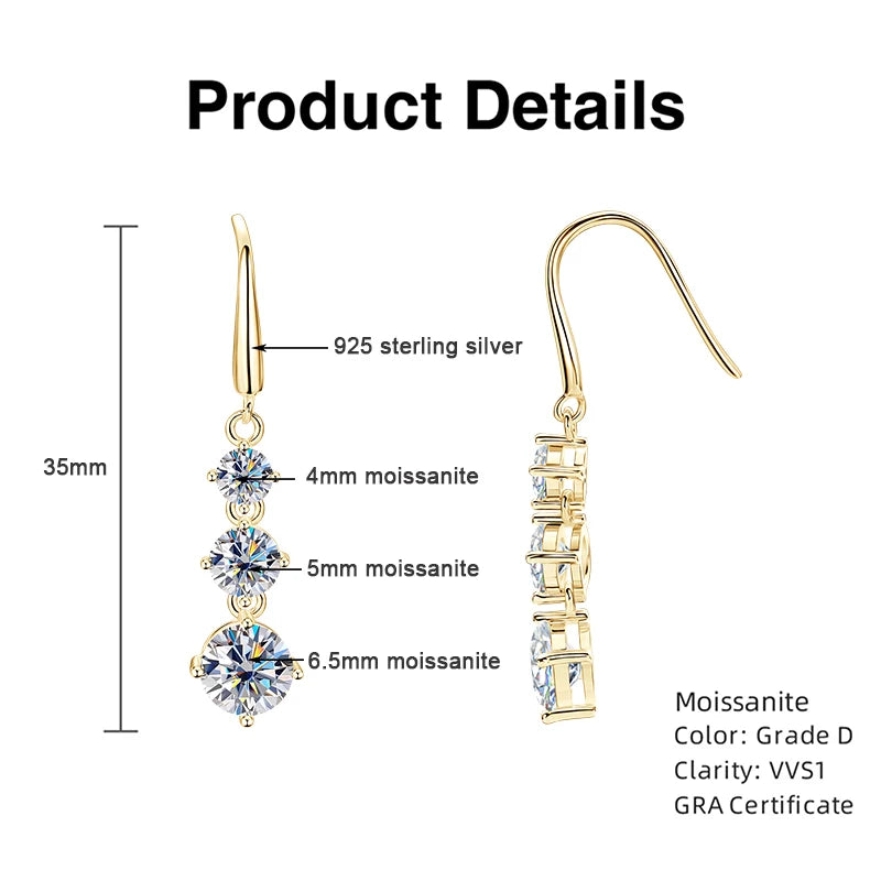 Anziw 3.60CTTW. D VVS1 Moissanite Drop Hook Earrings for Women 925 Silver Sparking Lad Diamond Dangle Earrings Wedding Jewelry