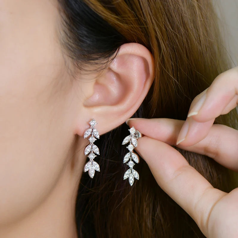ANZIW Real Moissanite Earrings Leaf Chandelier Drop Dangle Long Earrings 925 Silver Piercing Studs for Women Cute Jewelry Korean
