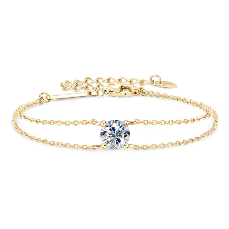 Anziw S925 1ct 6.5mm D Round Moissanite Bracelet for Women Classic Double Chain 925 Silver Bracelet Adjustable Hand Jewelry Gift