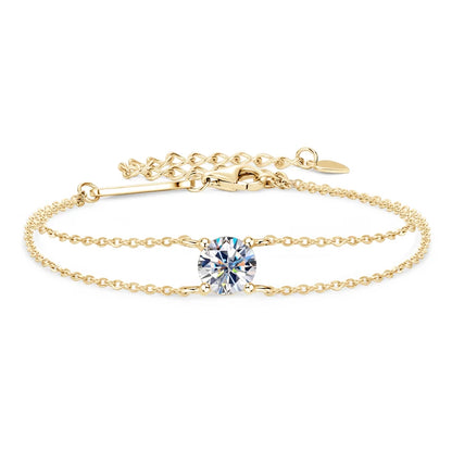 Anziw S925 1ct 6.5mm D Round Moissanite Bracelet for Women Classic Double Chain 925 Silver Bracelet Adjustable Hand Jewelry Gift