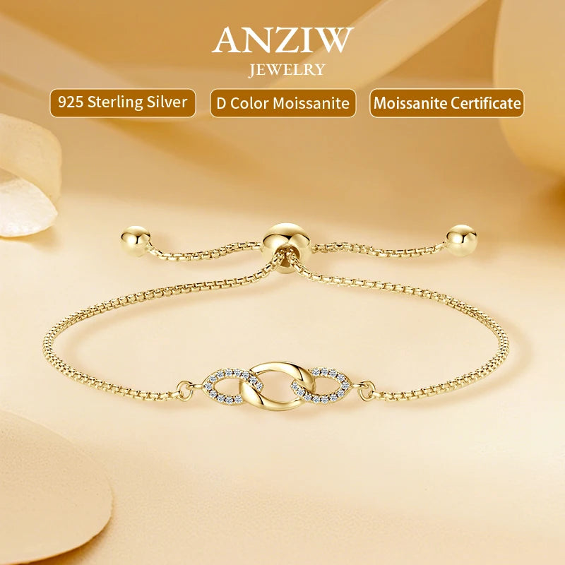Anziw S925 0.8mm Moissanite Bracelet 24cm Stretch Adjustable Chain 925 Silver Circle Bracelet for Women Trendy Hand Jewelry Gift