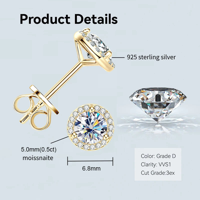 Anziw Bezel 5mm 6.5mm 1CT D Color Moissanite Earrings 925 Sterling Silver Plated K Gold Earrings for Men Women Gift Valentine's