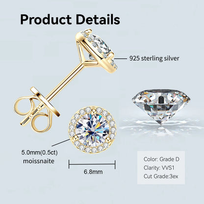 Anziw Bezel 5mm 6.5mm 1CT D Color Moissanite Earrings 925 Sterling Silver Plated K Gold Earrings for Men Women Gift Valentine's