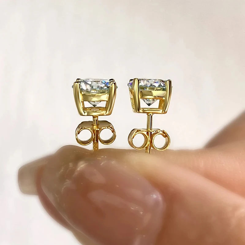 Anziw 100% 925 Sterling Silver Gold Stud Earrings 6.5mm D Color Moissanite 4 Claw Earrings Classic Jewelry for Women Girl Gift